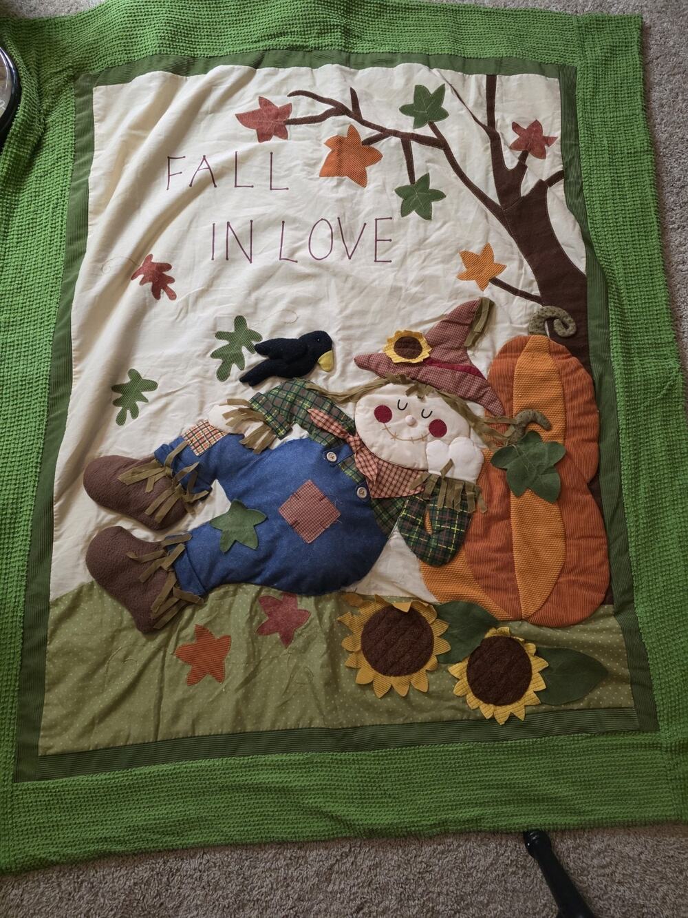 Handmade Fall In Love Quilt Blanket 50x60 Scarecrow Pumpkin Sunflower Autumn